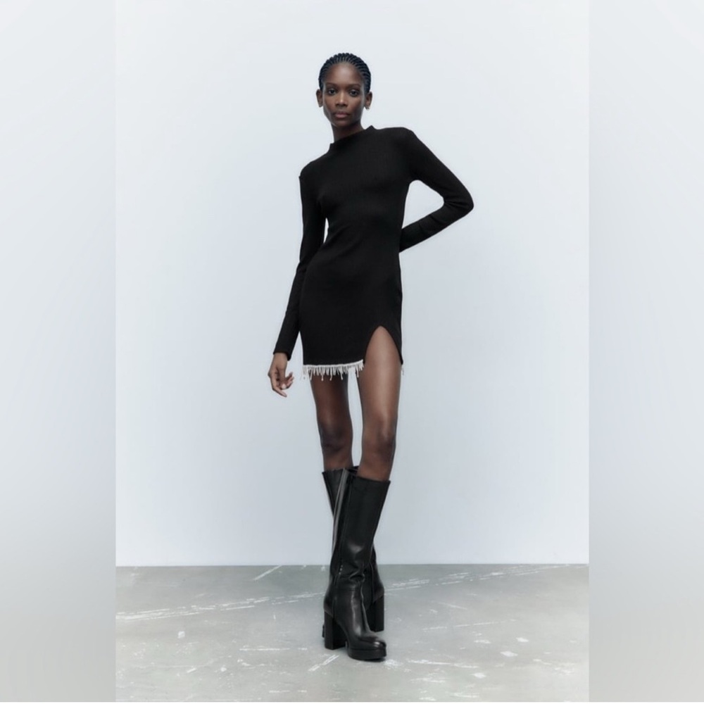 Zara Jewel soft dress. Black Long Sleeve Dress with Fringe Detail